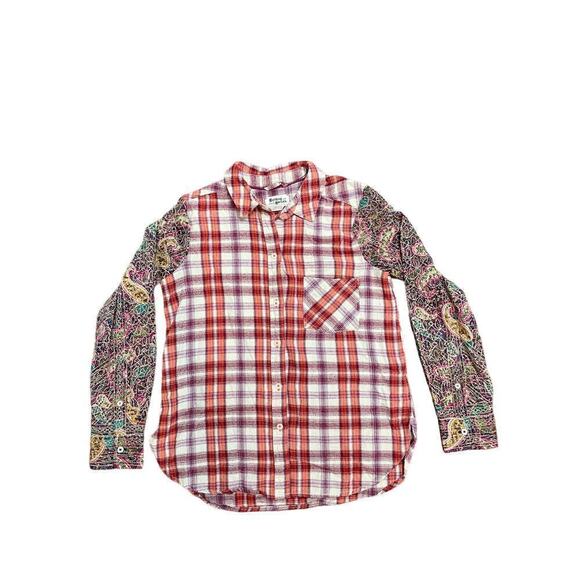 Holding Horses Anthropologie Flannel button down shirt. Multi-print sleeves. SM - Picture 1 of 4